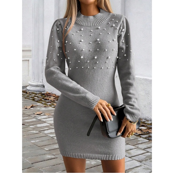 Grey Sweater Short Mini Dress Faux Pearl Embellished Long Sleeve - Picture 10 of 13